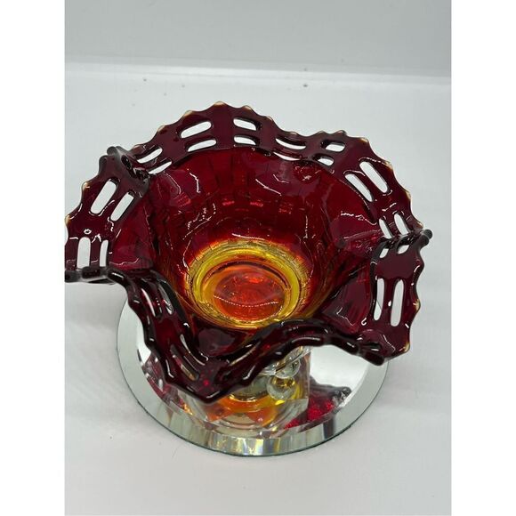 VTG  Fenton Amberina Basket Weave Lattice Ruffled Bowl 6 1/2" Wide 2 1/2*Glows* - Picture 1 of 12